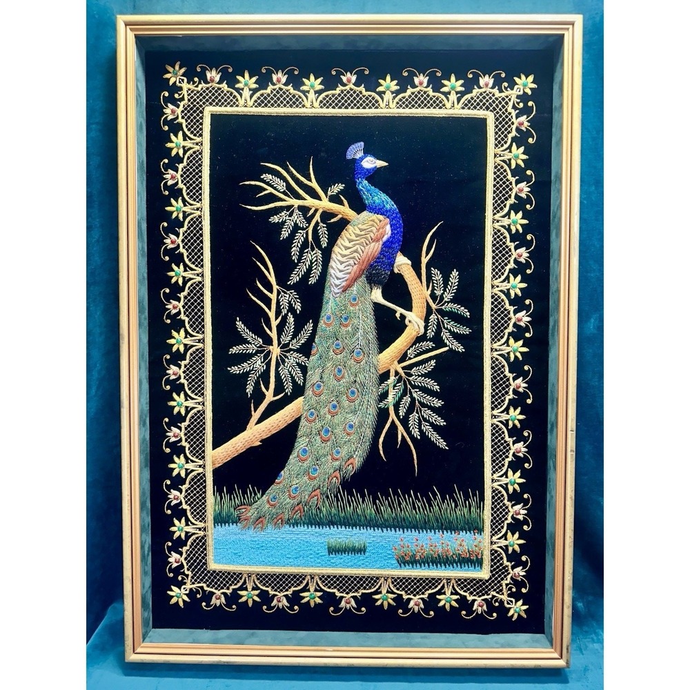 Silk Embroidery Peacock art Velvet picture Rare handmade Crewel Jewel Gold Frame